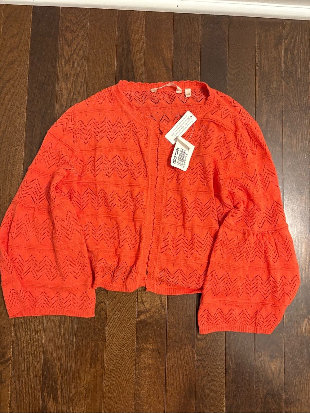 NWT Soft Surroundings Monteverde Stripe Cardigan Coral Open Knit Bell Sleeve L